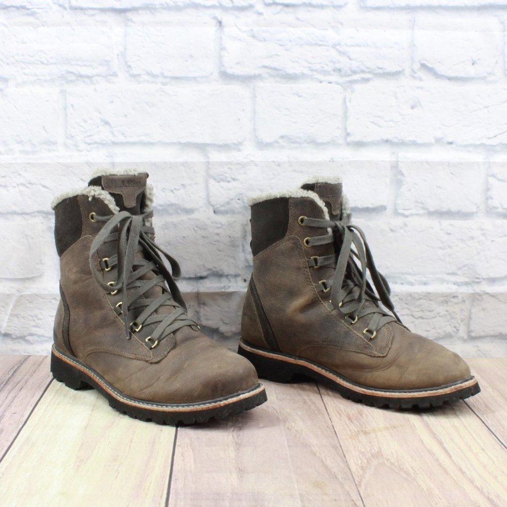 LL BEAN Brown Leather Fleece Lined Vibram Winter Ankle Boots Size 7 M - Picture 3 of 9